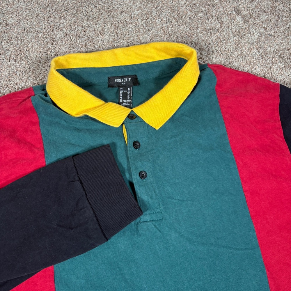 Forever 21 Men Colorblock Long Sleeve Rugby Polo Shirt XL Y2K Mall‎